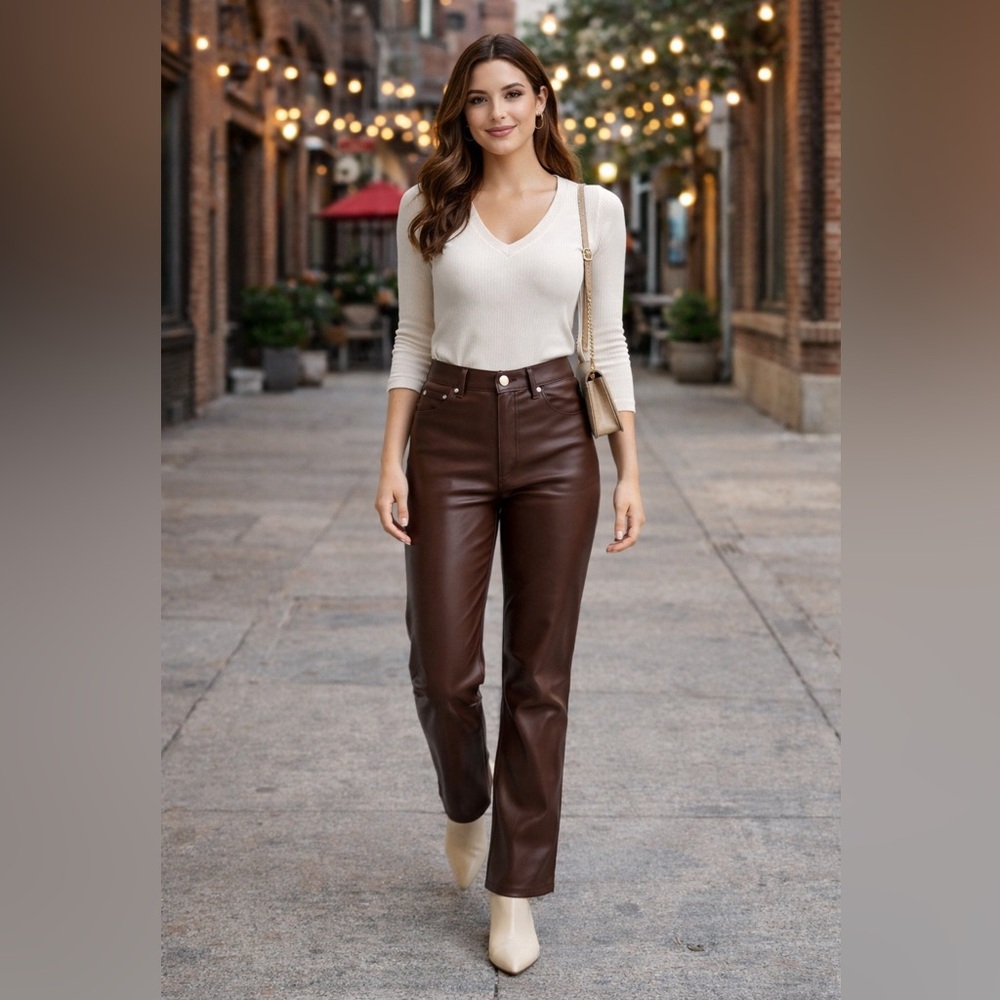 Almost Famous Faux Leather Brown Loose Fit High Rise Straight Jeans